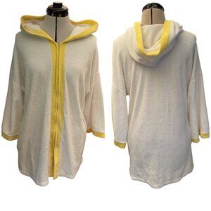 Vintage Hooded Robe Sz L short Terry cloth swim 60s 70s White Yellow Zipper